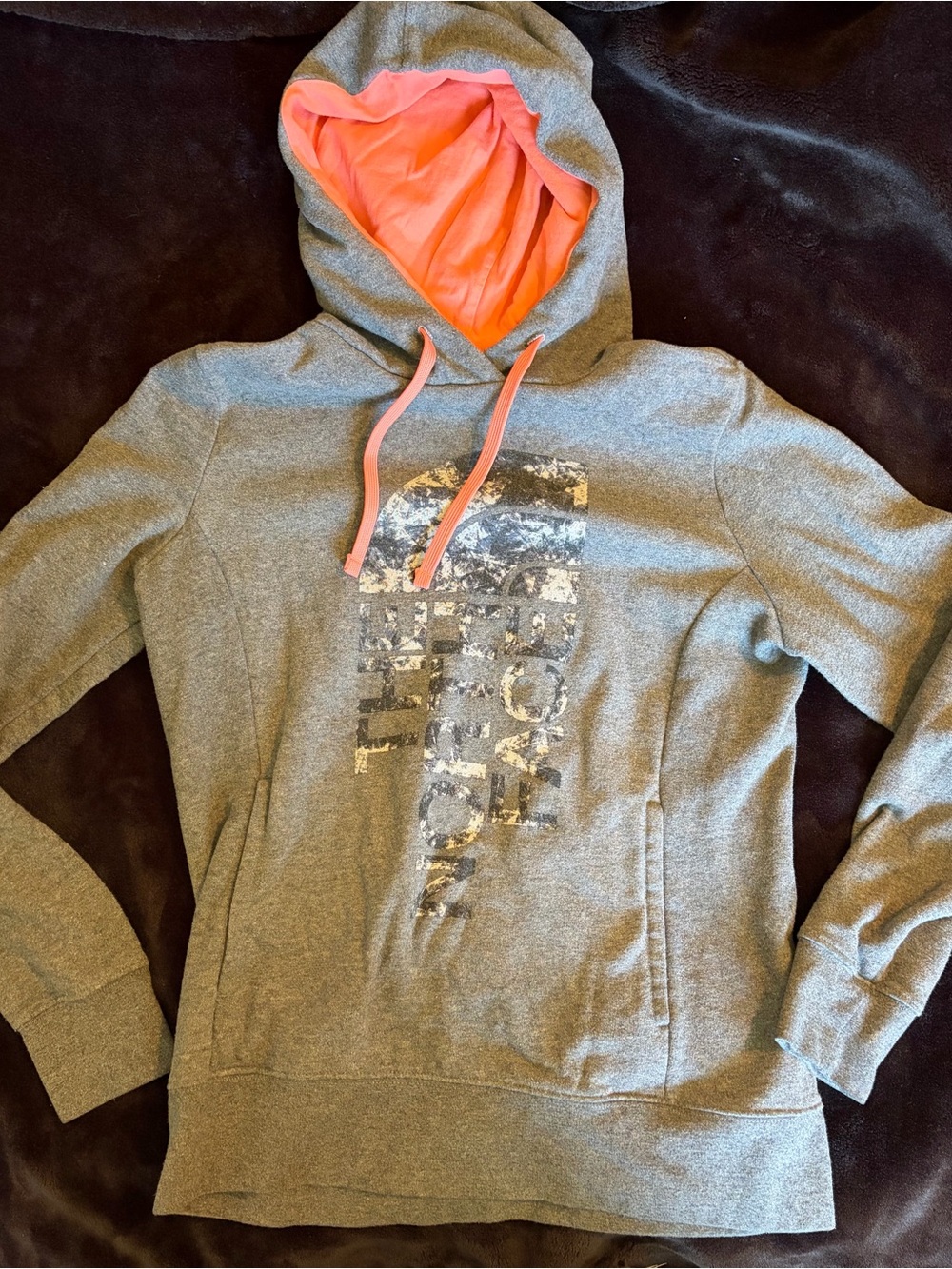 The North Face Gray Hoodie with Pink Lined Hood and Pink Drawstrings
